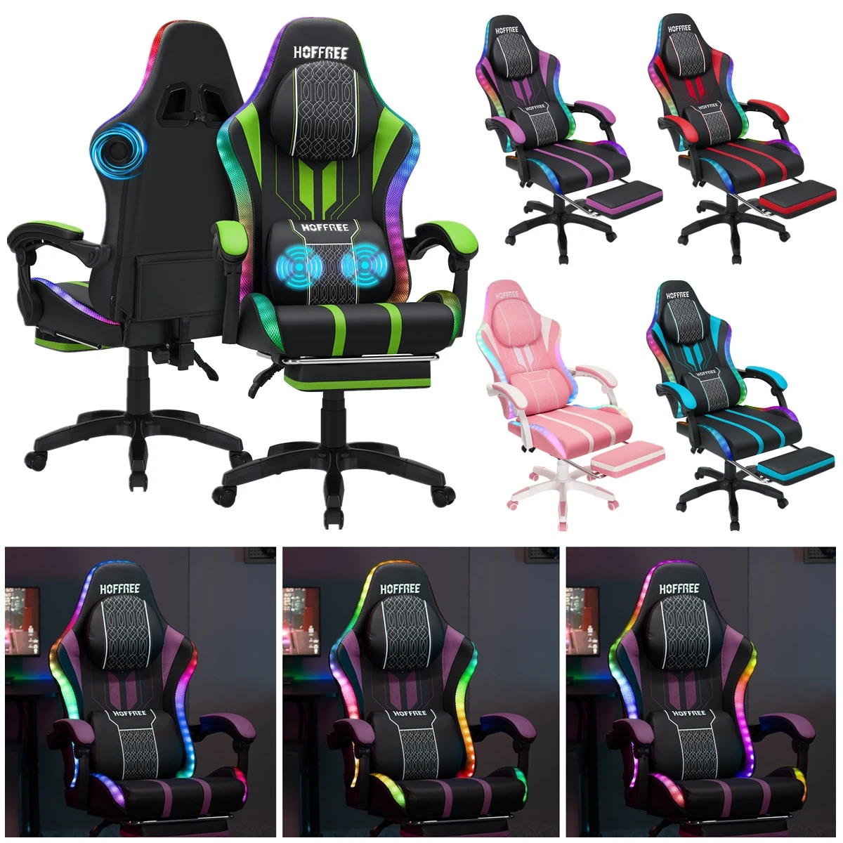 Hoffree Office Gaming Chair with Speakers and LED Lights