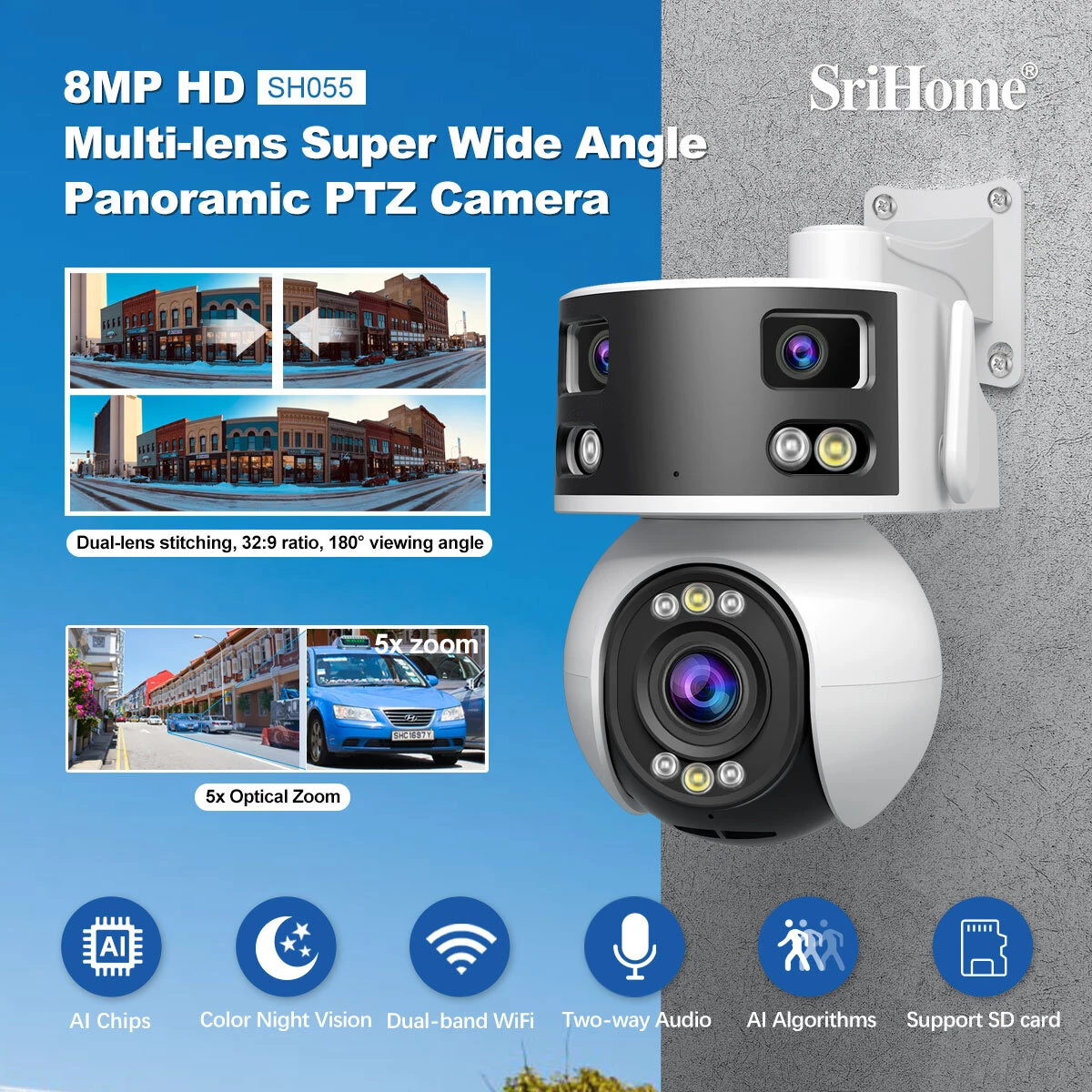 Srihome SH055 8MP WIFI IP Camera 5X Zoom Three Lens 2