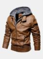 Men Solid Color PU Zipper Pockets Casual Thick Warrm Hooded Coats